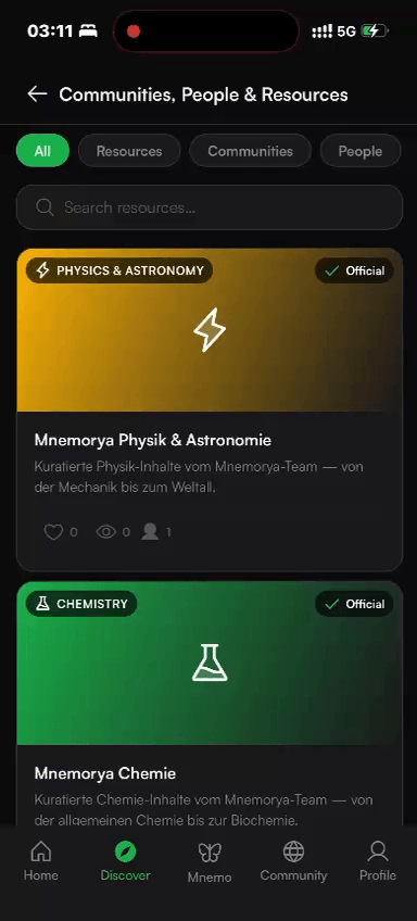 L'espace Découvrir de l'application : filtres pour les ressources, les communautés et les personnes, avec des communautés thématiques comme la physique ou la chimie affichant j'aime, vues et nombre de membres